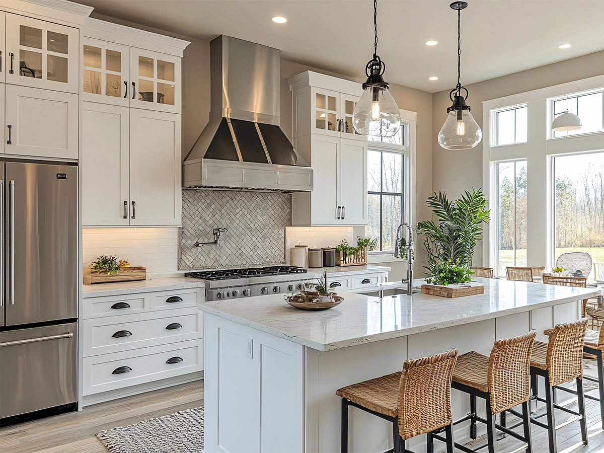 Modern kitchen remodel with white cabinets and large center island