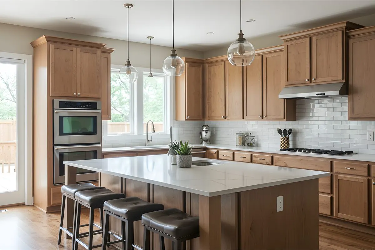 Kitchen island and open layout remodeling with custom cabinetry and modern lighting