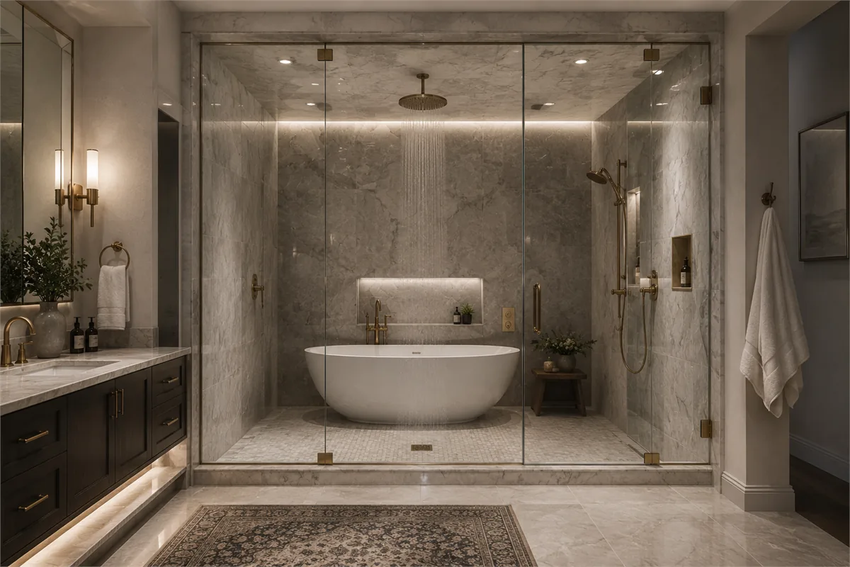 Luxury bathroom remodel with freestanding tub inside a large frameless glass shower and premium marble finishes.
